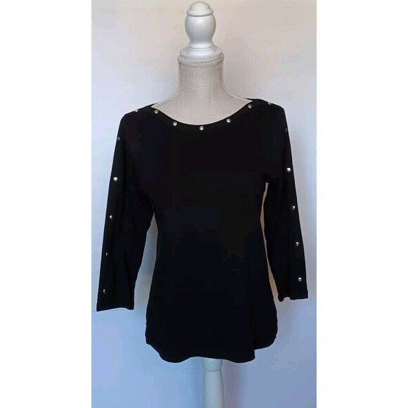 Rafaella Tops - Rafaella Size S Black Boatneck Fitted Top with 3/4 Sleeve and Stud Detail
